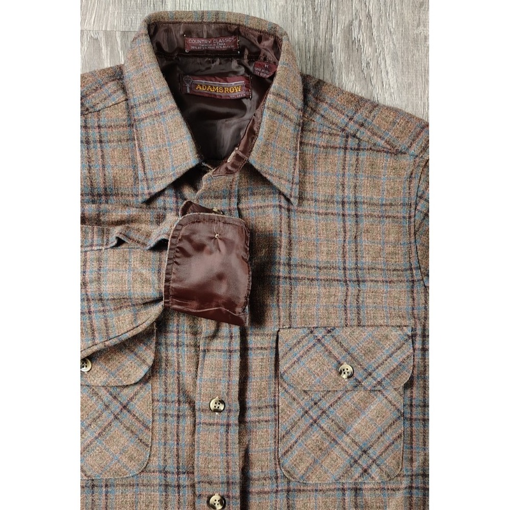 Adams Row Country Classic M Button Up Shirt Long Sleeve Wool Blend Plaid Pockets